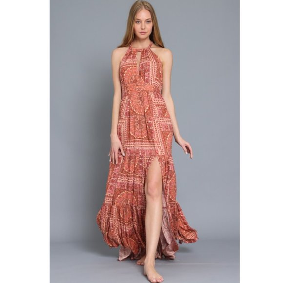 Aakaa Brick Twist Tie Back Tiered Bohemian Maxi Dress DA28082Y - Picture 3 of 12